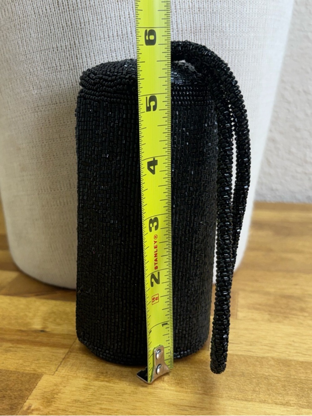 Vintage Beaded Cylinder Vanity Case Wristlet Black Mirror Lid - Picture 3 of 8
